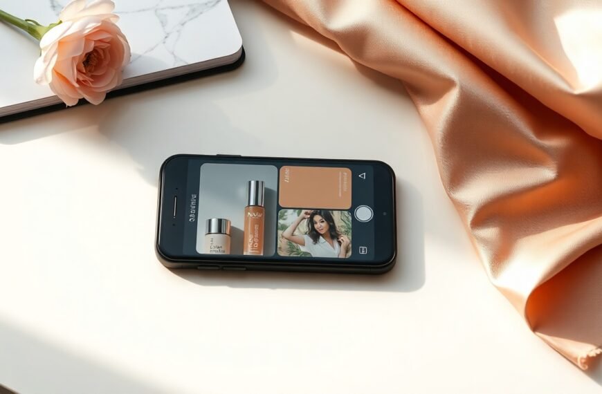 에이블리선정산 - flat lay of smartphone showing fashion app dashboard and notebook on white desk, Ably early settlement service concept