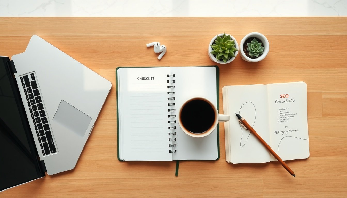 블로그 포스팅 팁 - flat lay of SEO blog posting checklist notebook and coffee cup on wooden desk, blog strategy planning concept