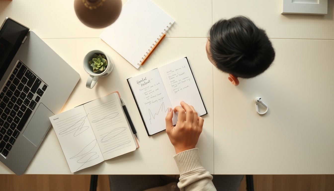 부업 추천 - Korean man upper body shot with face visible, working on laptop at home desk with coffee, side income freelance concept