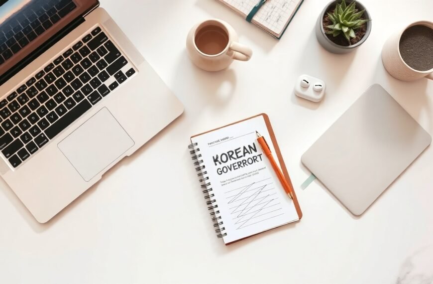 청년 창업 지원금 지원금 - flat lay of laptop, notebook, and Korean government support document on white desk, youth startup support concept