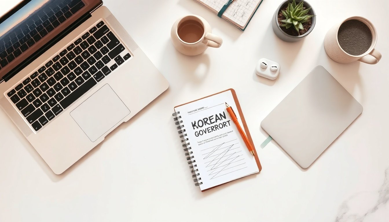 청년 창업 지원금 지원금 - flat lay of laptop, notebook, and Korean government support document on white desk, youth startup support concept