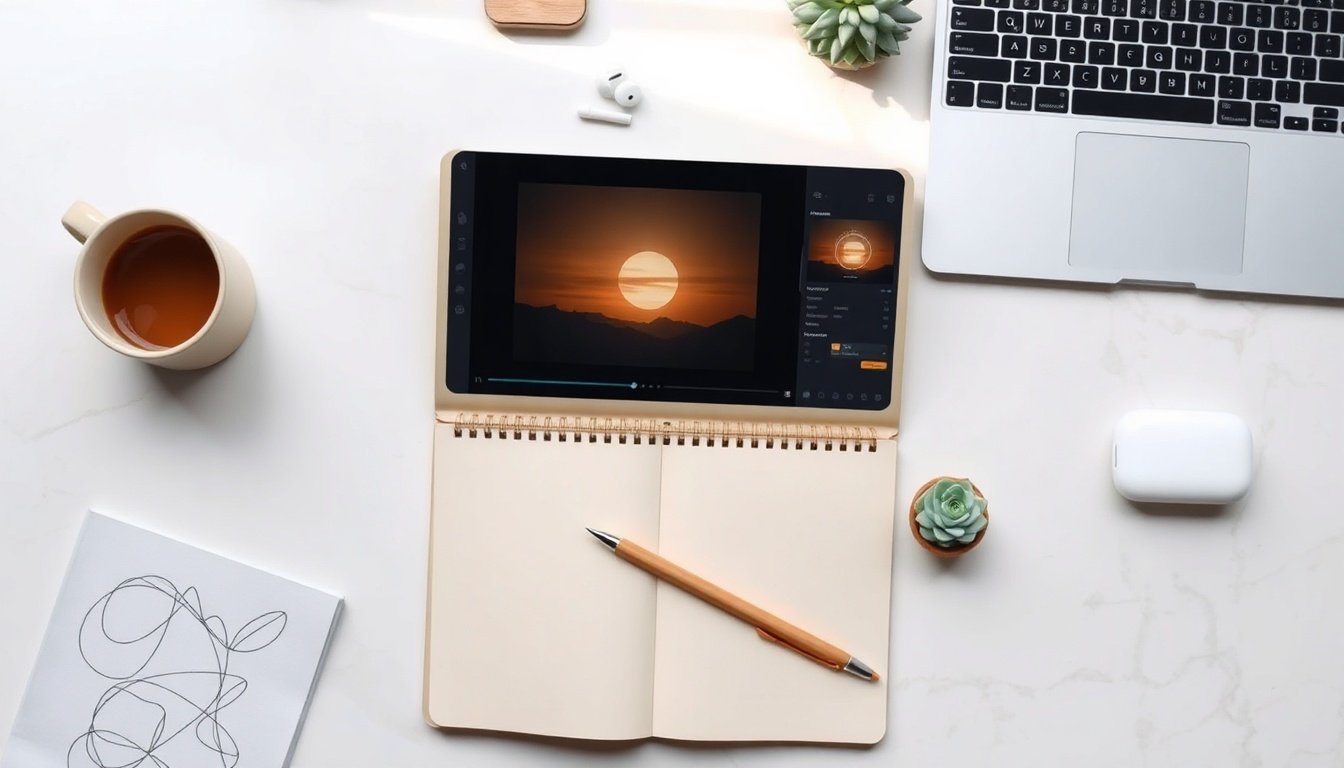 어도비 파이어플라이 영상 - step-by-step guide showing Adobe Firefly video generation workflow on a laptop screen, flat lay overhead view