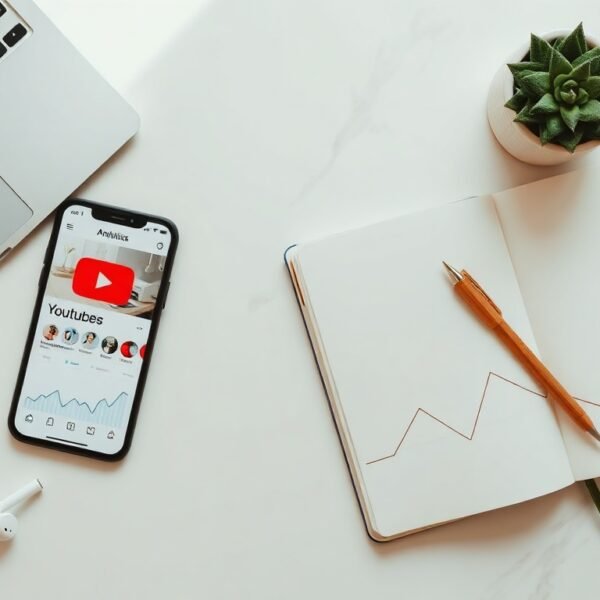 유튜브수익계산기 - flat lay of smartphone showing youtube analytics dashboard and notebook with revenue calculation on white desk, youtube income calculator concept