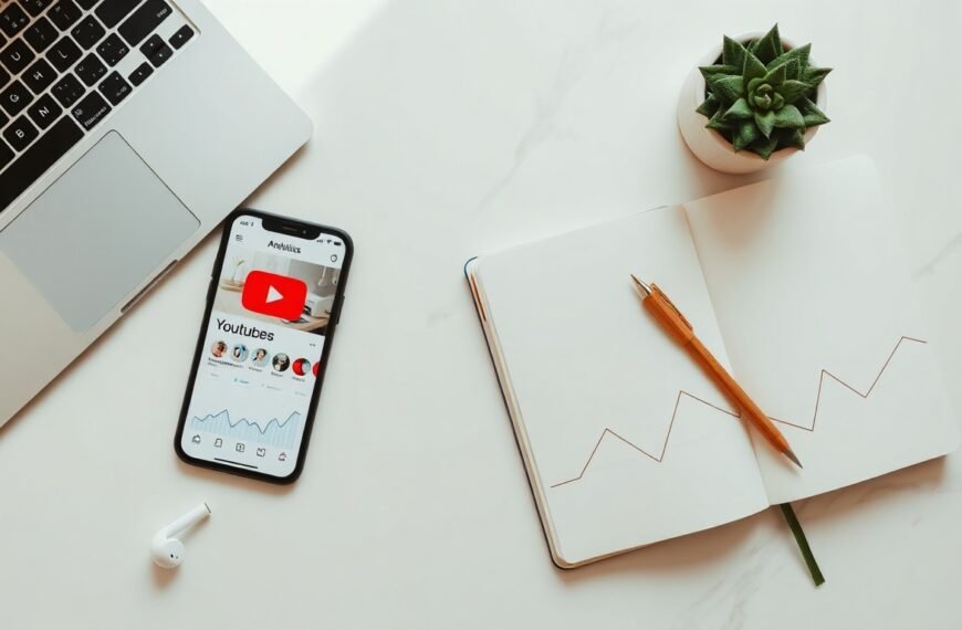 유튜브수익계산기 - flat lay of smartphone showing youtube analytics dashboard and notebook with revenue calculation on white desk, youtube income calculator concept