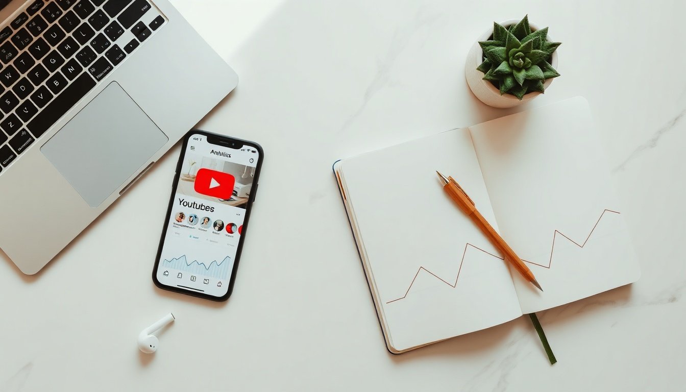 유튜브수익계산기 - flat lay of smartphone showing youtube analytics dashboard and notebook with revenue calculation on white desk, youtube income calculator concept