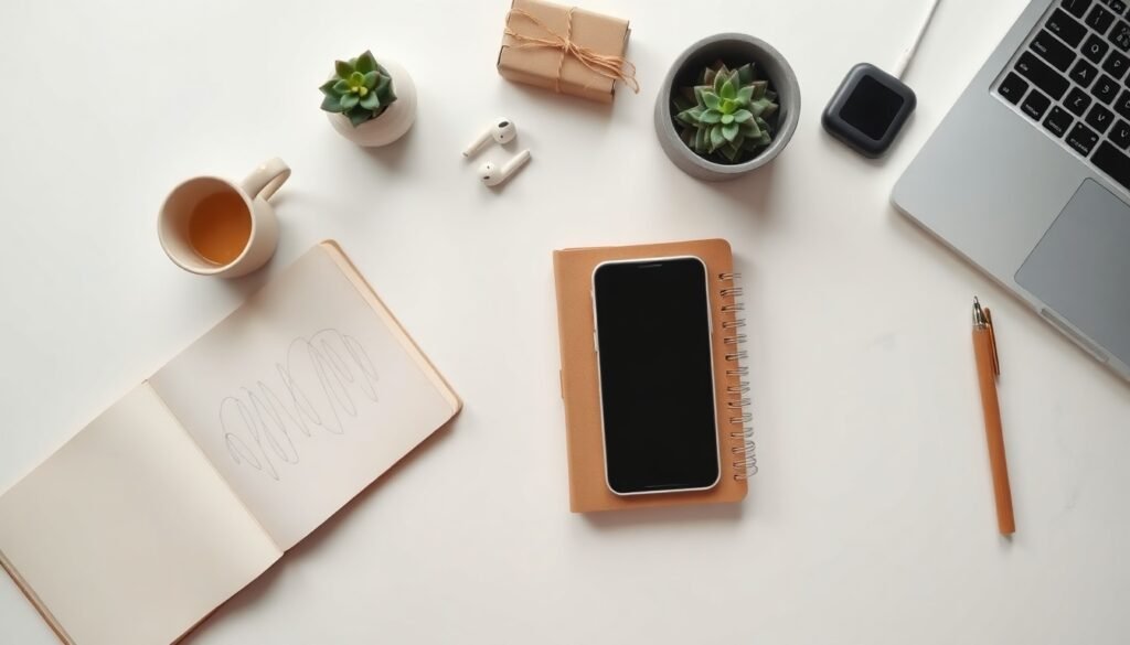 드랍쉬핑 - flat lay of laptop, smartphone, and small parcel box on white desk, dropshipping business concept