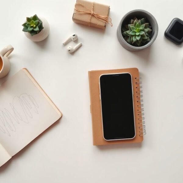 드랍쉬핑 - flat lay of laptop, smartphone, and small parcel box on white desk, dropshipping business concept