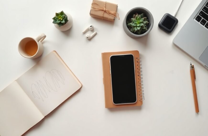 드랍쉬핑 - flat lay of laptop, smartphone, and small parcel box on white desk, dropshipping business concept