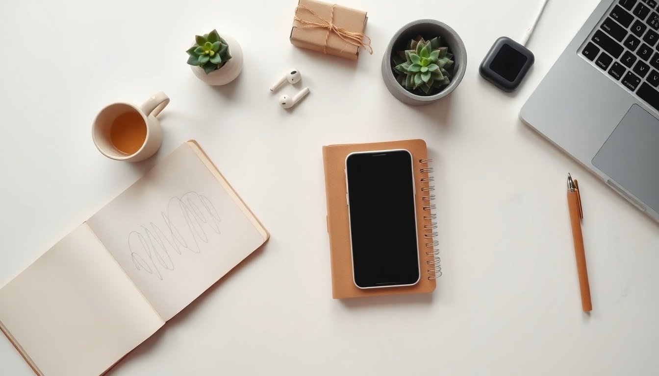드랍쉬핑 - flat lay of laptop, smartphone, and small parcel box on white desk, dropshipping business concept