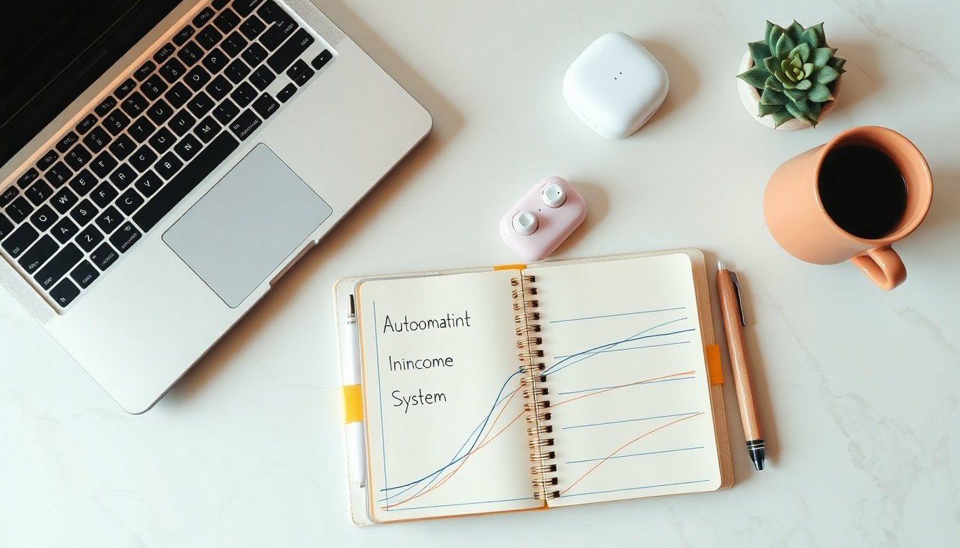 자동 수익 시스템 - step-by-step roadmap infographic for building an automatic income system, digital passive income flow chart on white background