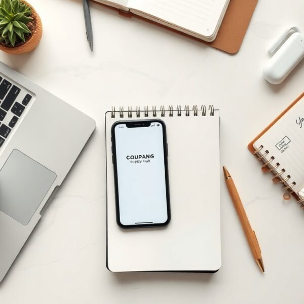 쿠팡서플라이허브 - flat lay of smartphone showing Coupang Supply Hub interface with notebook and pen on white desk, e-commerce business concept