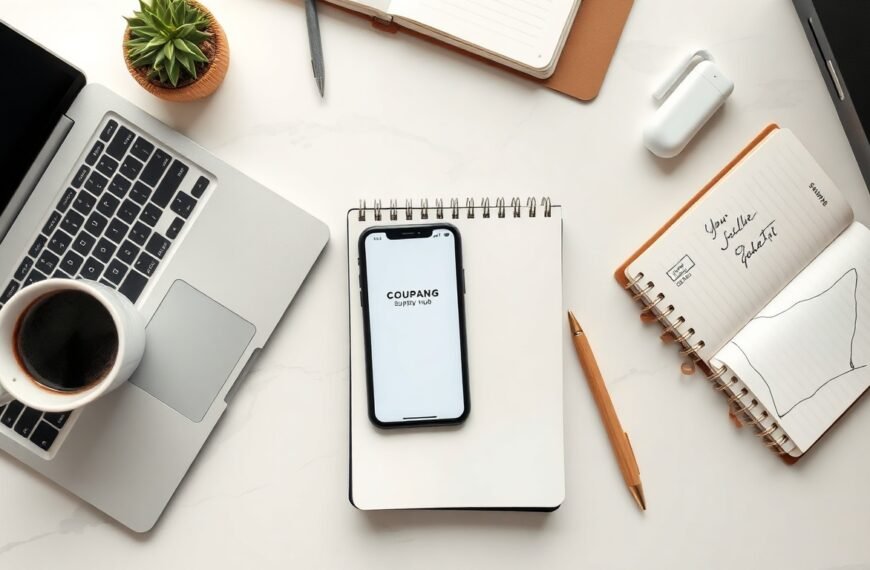 쿠팡서플라이허브 - flat lay of smartphone showing Coupang Supply Hub interface with notebook and pen on white desk, e-commerce business concept
