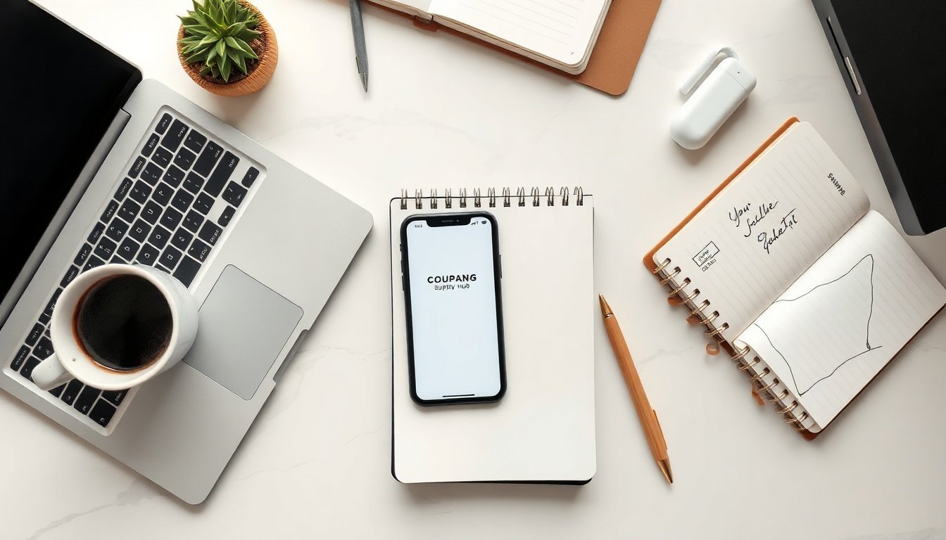 쿠팡서플라이허브 - flat lay of smartphone showing Coupang Supply Hub interface with notebook and pen on white desk, e-commerce business concept
