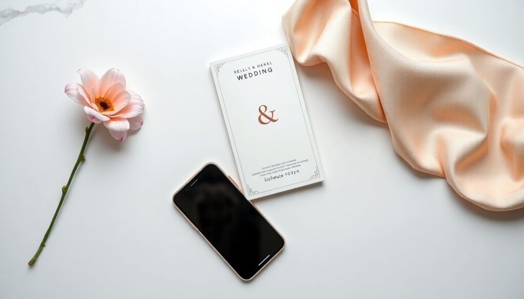 비즈하우스 청첩장 - flat lay of wedding invitation card and smartphone on white desk, bizhouse AI wedding invitation design concept