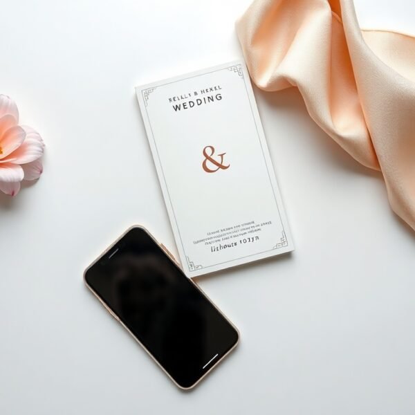 비즈하우스 청첩장 - flat lay of wedding invitation card and smartphone on white desk, bizhouse AI wedding invitation design concept