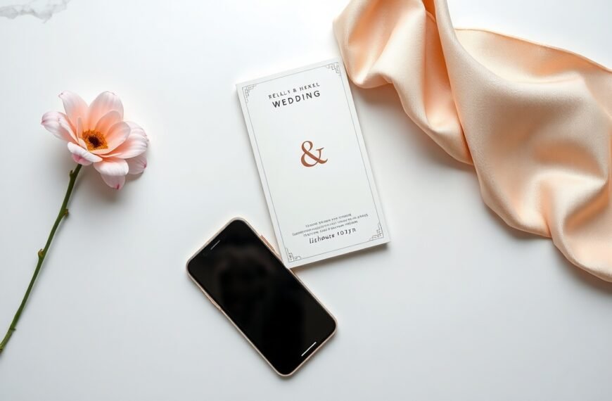 비즈하우스 청첩장 - flat lay of wedding invitation card and smartphone on white desk, bizhouse AI wedding invitation design concept