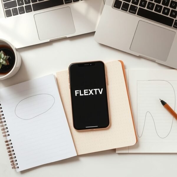 FLEXTV - flat lay of smartphone displaying FLEXTV streaming platform on white desk with earphones and notebook