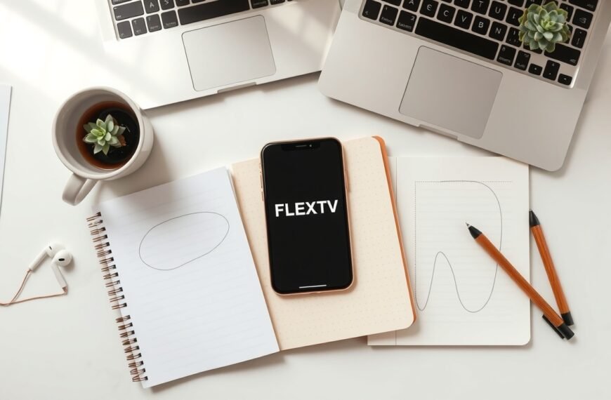 FLEXTV - flat lay of smartphone displaying FLEXTV streaming platform on white desk with earphones and notebook