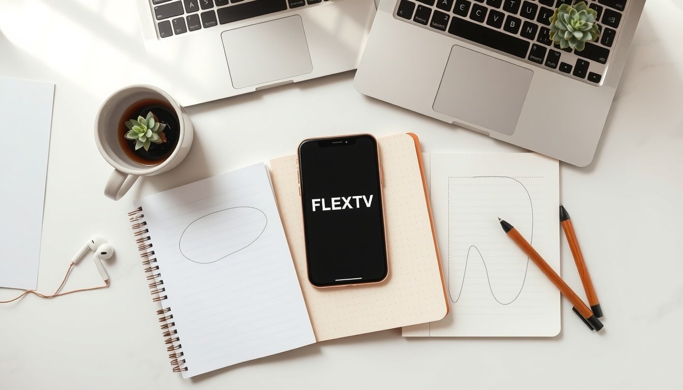 FLEXTV - flat lay of smartphone displaying FLEXTV streaming platform on white desk with earphones and notebook