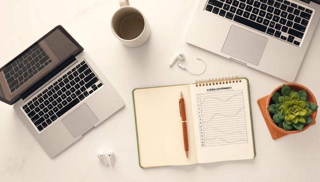 청년 창업 지원금 지원금 - flat lay of startup business documents, laptop, and Korean government support fund brochure on white desk, youth startup support concept