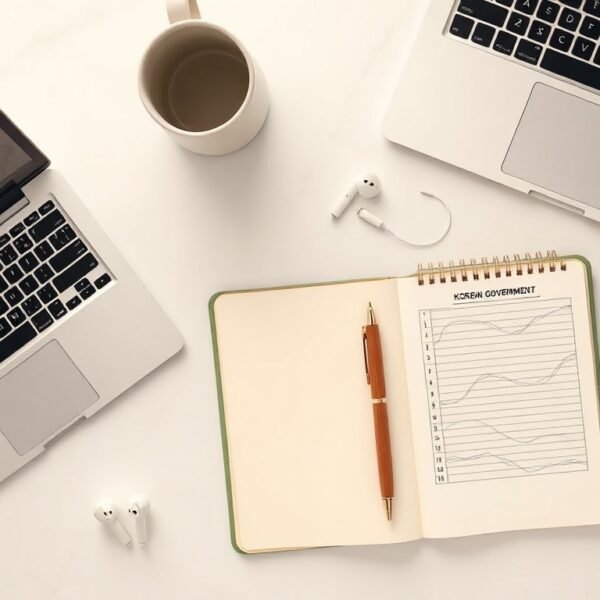 청년 창업 지원금 지원금 - flat lay of startup business documents, laptop, and Korean government support fund brochure on white desk, youth startup support concept
