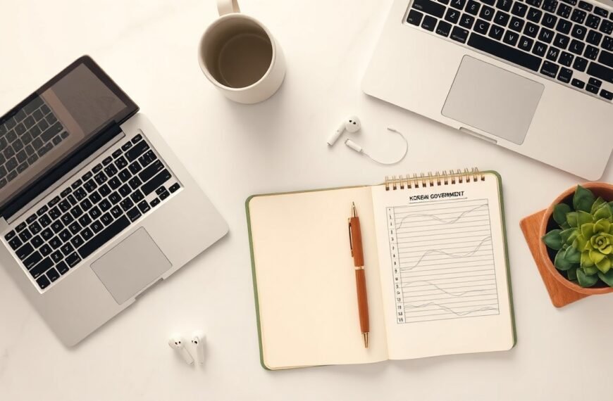 청년 창업 지원금 지원금 - flat lay of startup business documents, laptop, and Korean government support fund brochure on white desk, youth startup support concept
