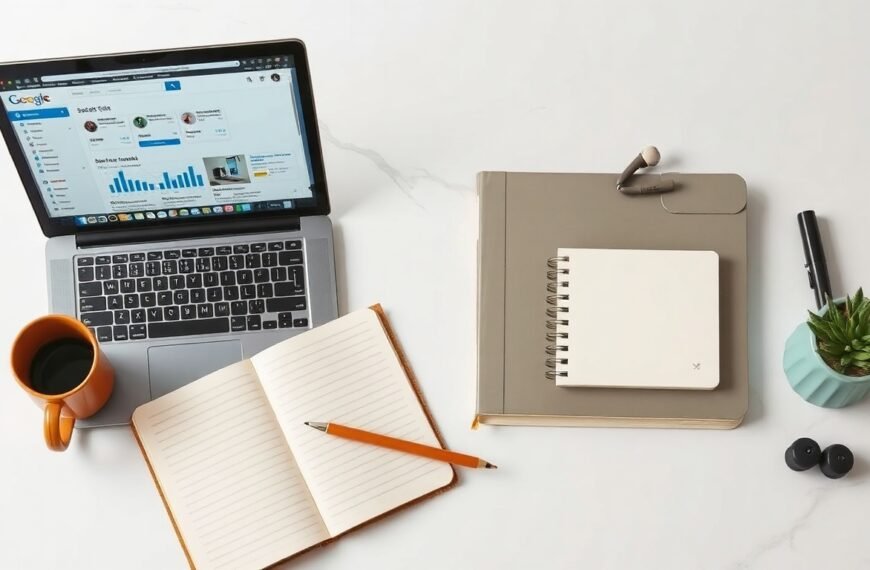 서치콘솔 등록 - flat lay of laptop showing Google Search Console dashboard on screen, search console registration concept, overhead view