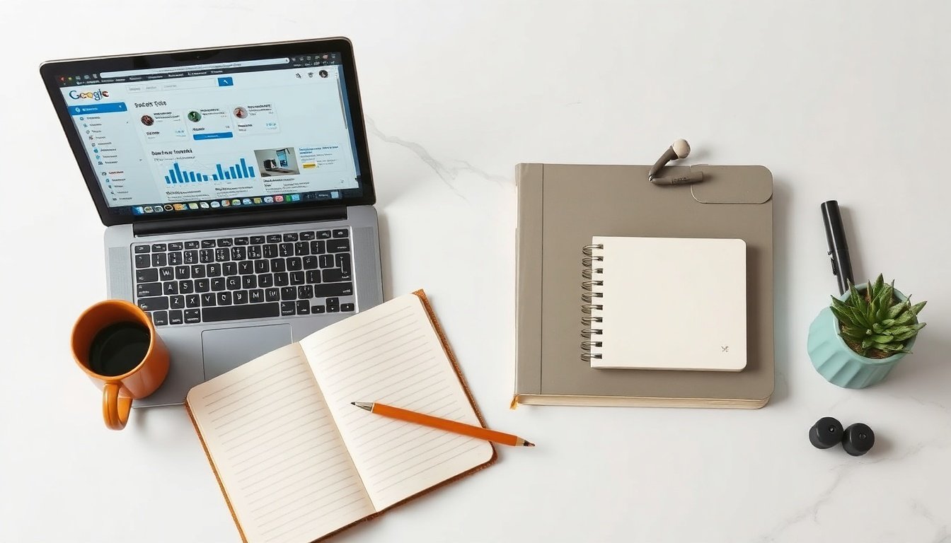 서치콘솔 등록 - flat lay of laptop showing Google Search Console dashboard on screen, search console registration concept, overhead view