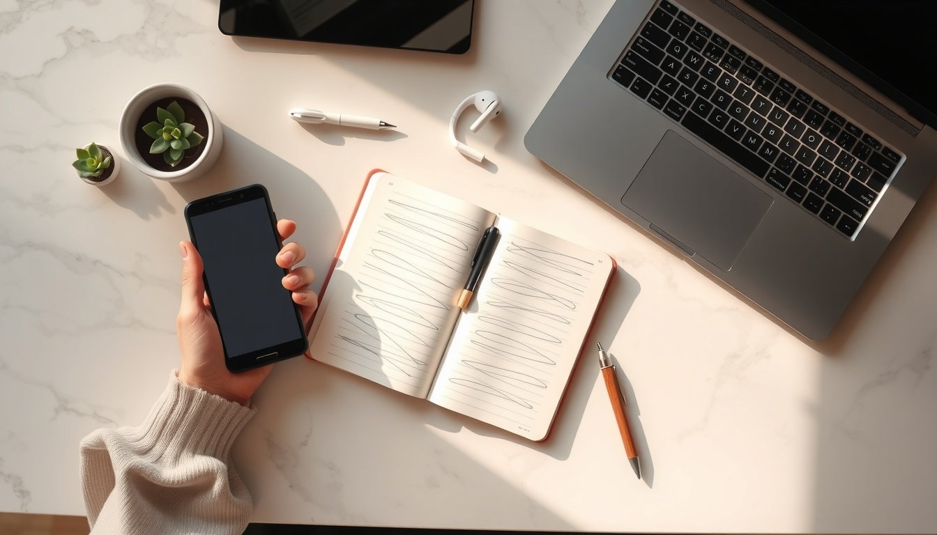 이재명 대통령 - Korean young adult upper body shot with face visible, holding smartphone and reviewing financial support application in bright office, natural hands