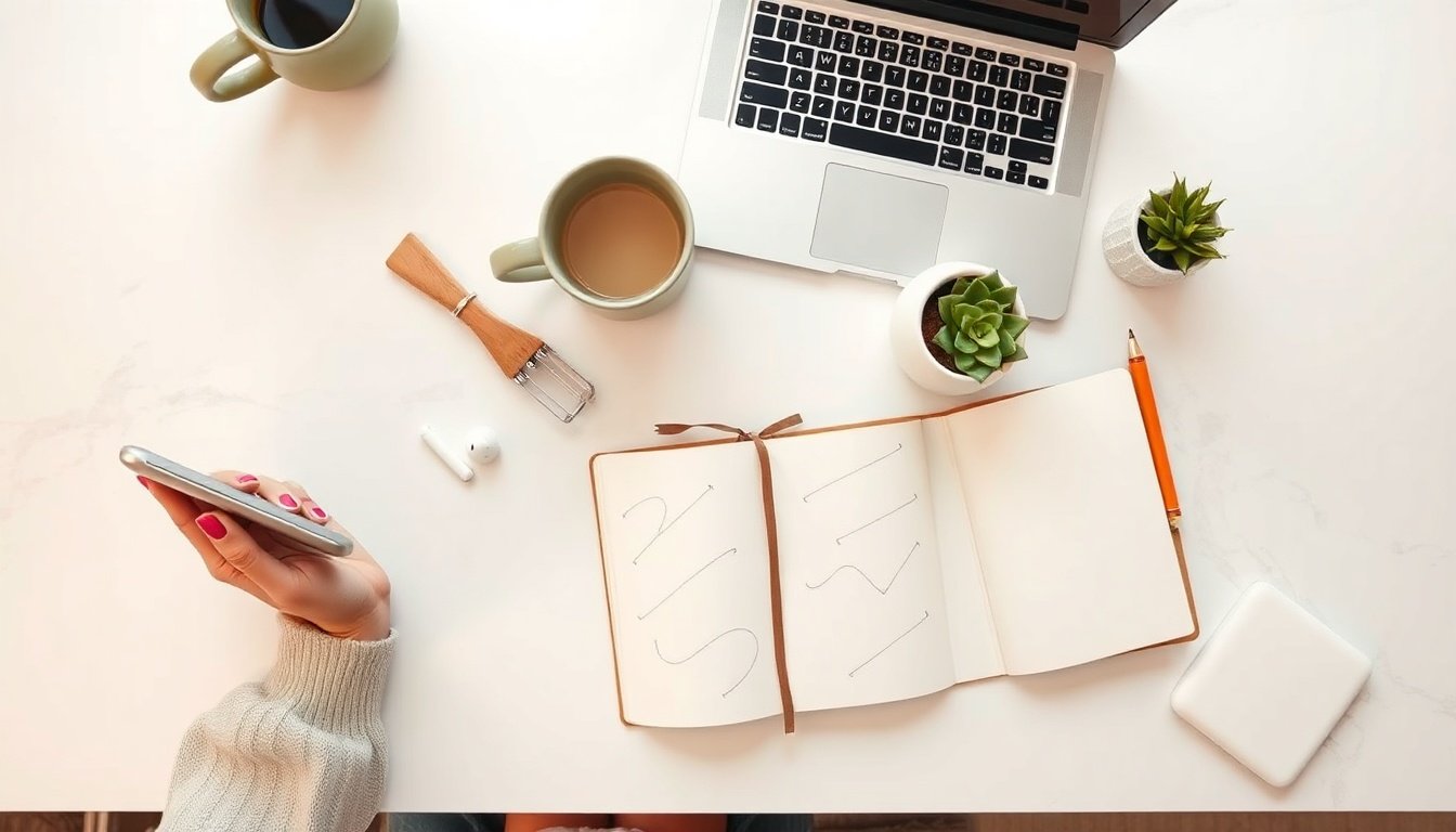 스레드 수익화 - Korean woman upper body shot with face visible, smiling while holding smartphone showing social media content, natural hands, bright home office background