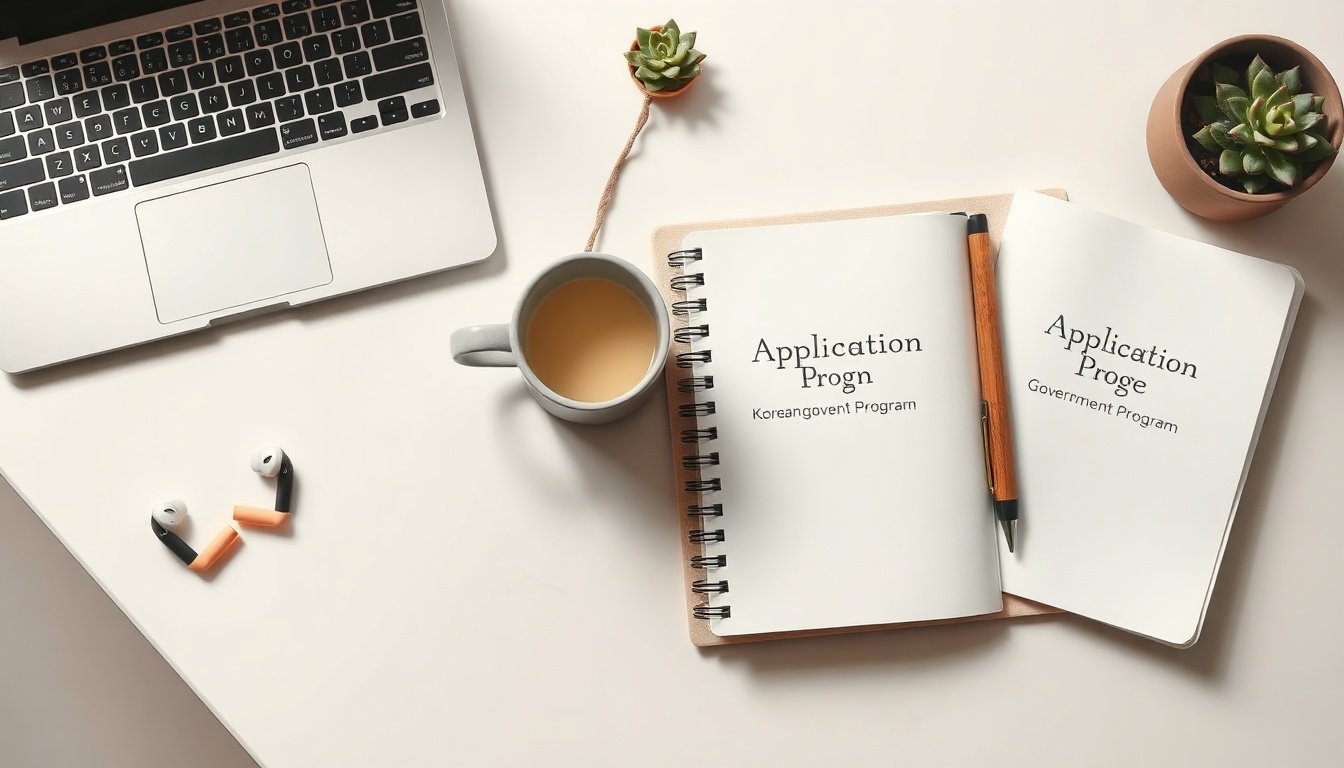 모두모여체험단 - flat lay of application documents and pen on desk with Korean government program information sheet, Modoumoyeo experience group concept
