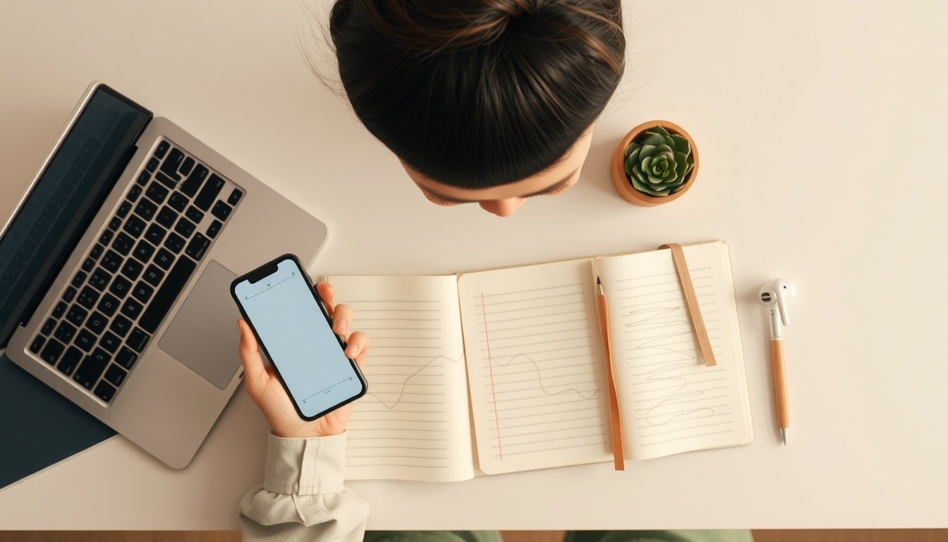 캐시워크 돈버는퀴즈 - upper body shot of Korean woman with face visible, smiling while holding smartphone and checking quiz answers on CashWalk app, natural hands, bright indoor background
