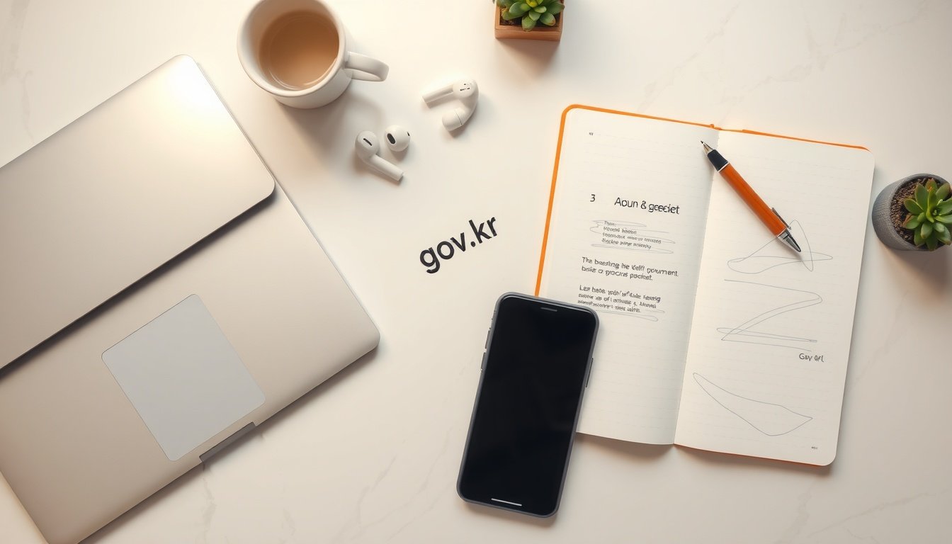 정부24 - flat lay of Korean government official documents and a smartphone showing gov.kr website on clean white desk, government24 support fund concept