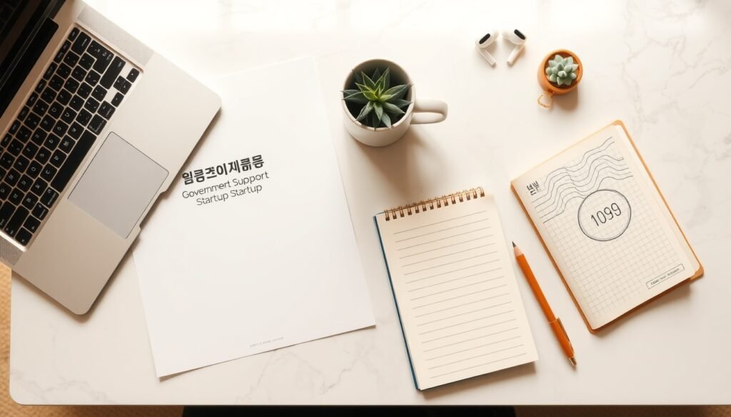 청년 창업 지원금 지원금 - flat lay of Korean government support documents, startup notebook, and coins on white desk, youth startup support fund concept