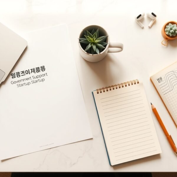 청년 창업 지원금 지원금 - flat lay of Korean government support documents, startup notebook, and coins on white desk, youth startup support fund concept