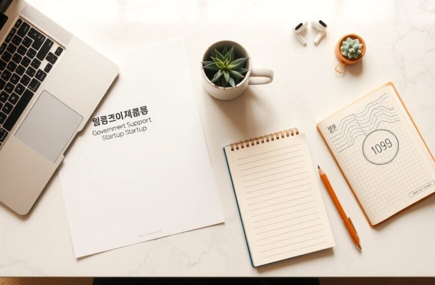 청년 창업 지원금 지원금 - flat lay of Korean government support documents, startup notebook, and coins on white desk, youth startup support fund concept