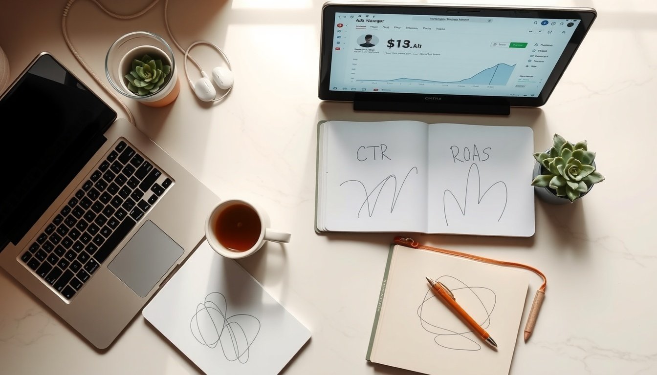 인스타 광고 - Instagram Ads Manager dashboard showing CTR and ROAS metrics on laptop screen, flat lay product shot, advertising performance analysis