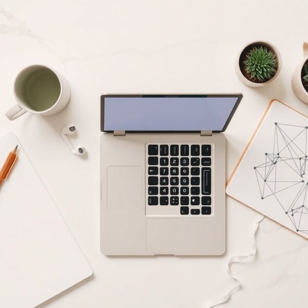 딥러닝 기초 - flat lay of laptop with neural network diagram on screen, deep learning basics concept, modern desk setup