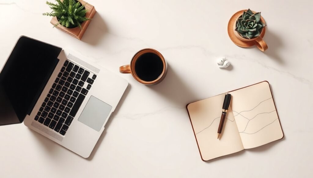 클로드 클로드 AI 사용법 - flat lay of laptop and notebook on clean white desk, Claude AI productivity workflow concept
