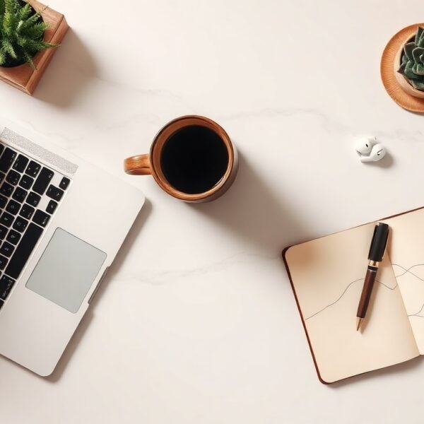 클로드 클로드 AI 사용법 - flat lay of laptop and notebook on clean white desk, Claude AI productivity workflow concept