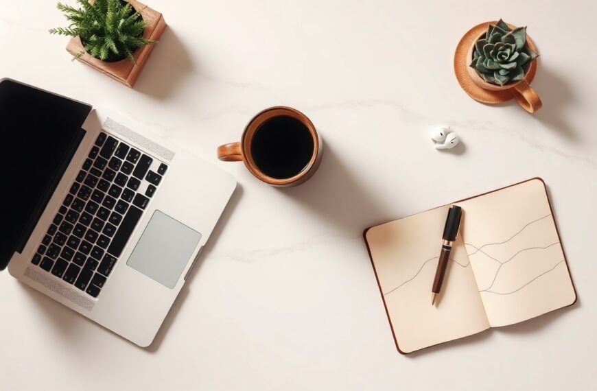 클로드 클로드 AI 사용법 - flat lay of laptop and notebook on clean white desk, Claude AI productivity workflow concept