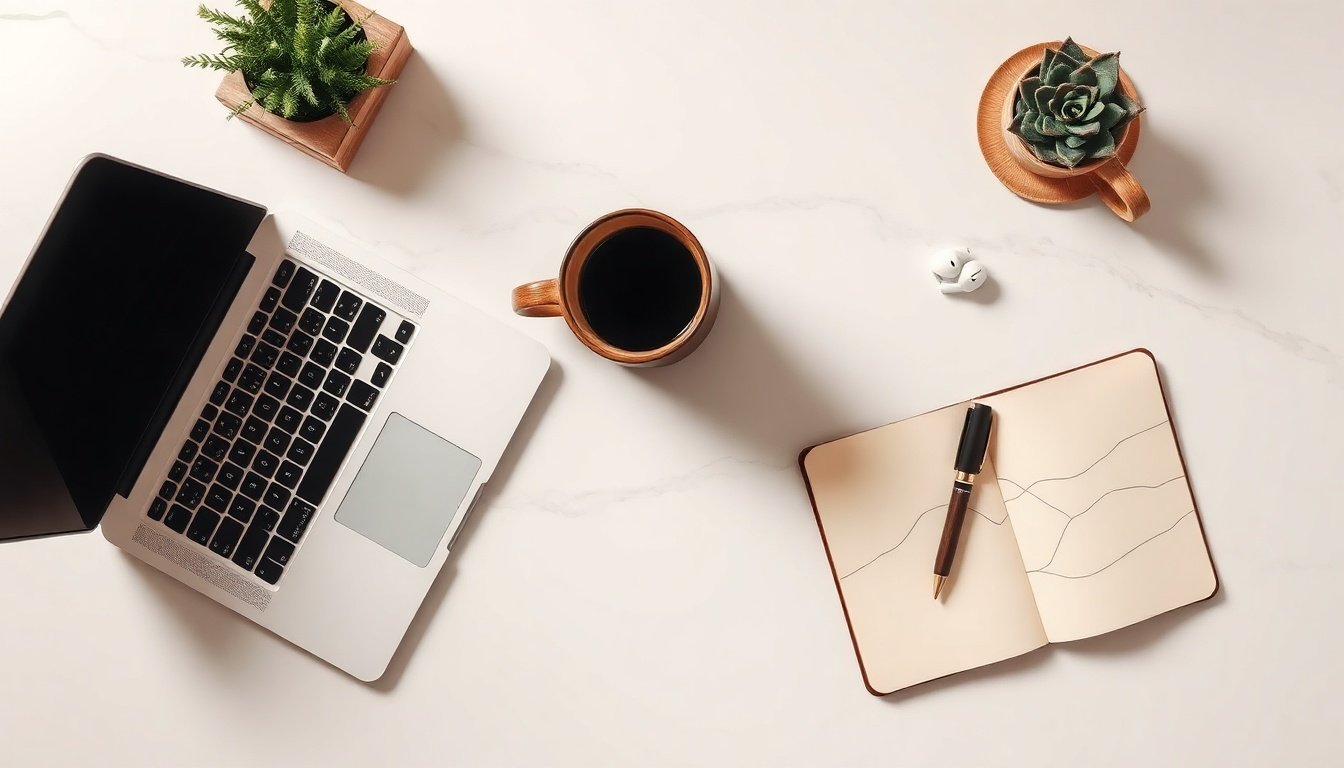 클로드 클로드 AI 사용법 - flat lay of laptop and notebook on clean white desk, Claude AI productivity workflow concept