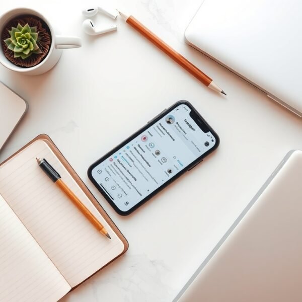 인스타 광고 - flat lay of smartphone showing Instagram ads dashboard on white desk with notebook and pen, Instagram advertising concept