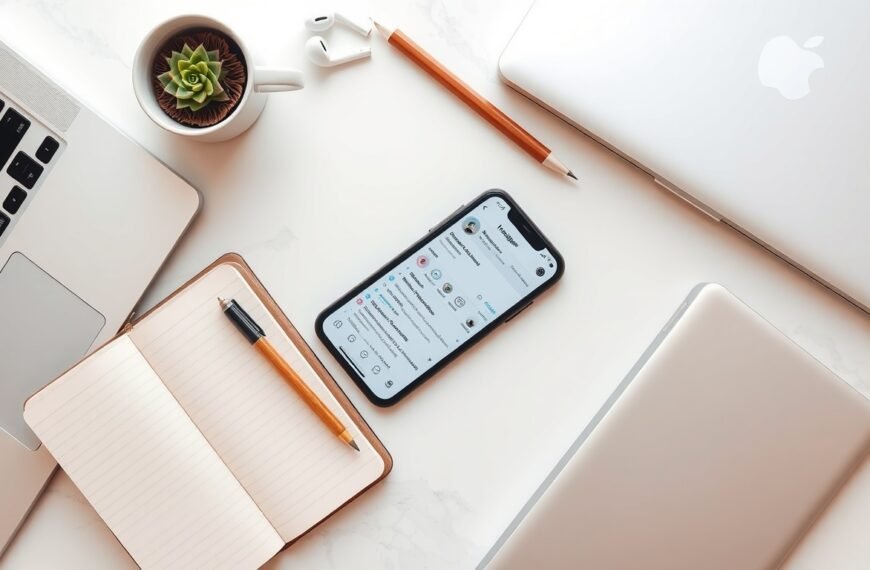 인스타 광고 - flat lay of smartphone showing Instagram ads dashboard on white desk with notebook and pen, Instagram advertising concept