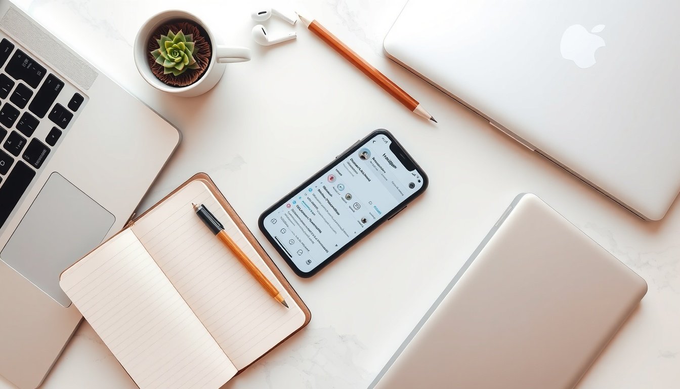 인스타 광고 - flat lay of smartphone showing Instagram ads dashboard on white desk with notebook and pen, Instagram advertising concept