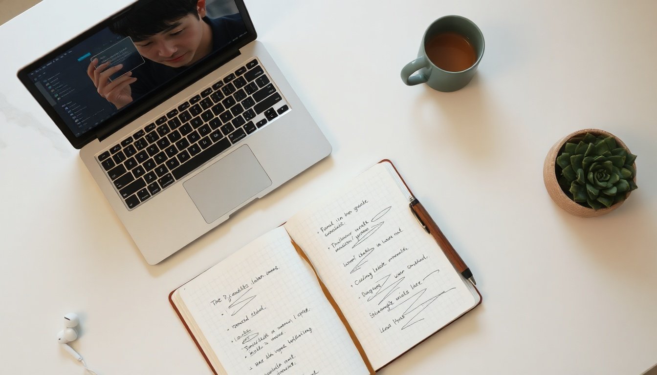 무료챗GPT 한국어 사용 시 주의사항 - Korean man upper body shot with face visible, checking information on laptop screen with skeptical expression, natural hands, AI hallucination concept