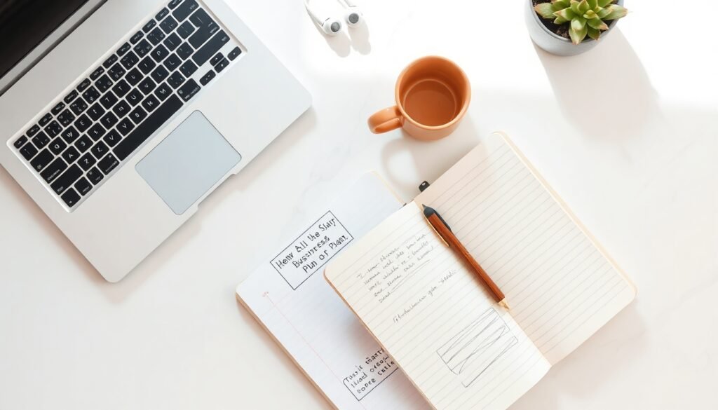 청년 창업 지원금 지원금 - flat lay of notebook, pen, and startup business plan documents on white desk, Korean youth entrepreneurship support fund concept
