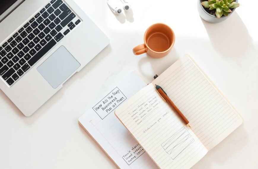청년 창업 지원금 지원금 - flat lay of notebook, pen, and startup business plan documents on white desk, Korean youth entrepreneurship support fund concept
