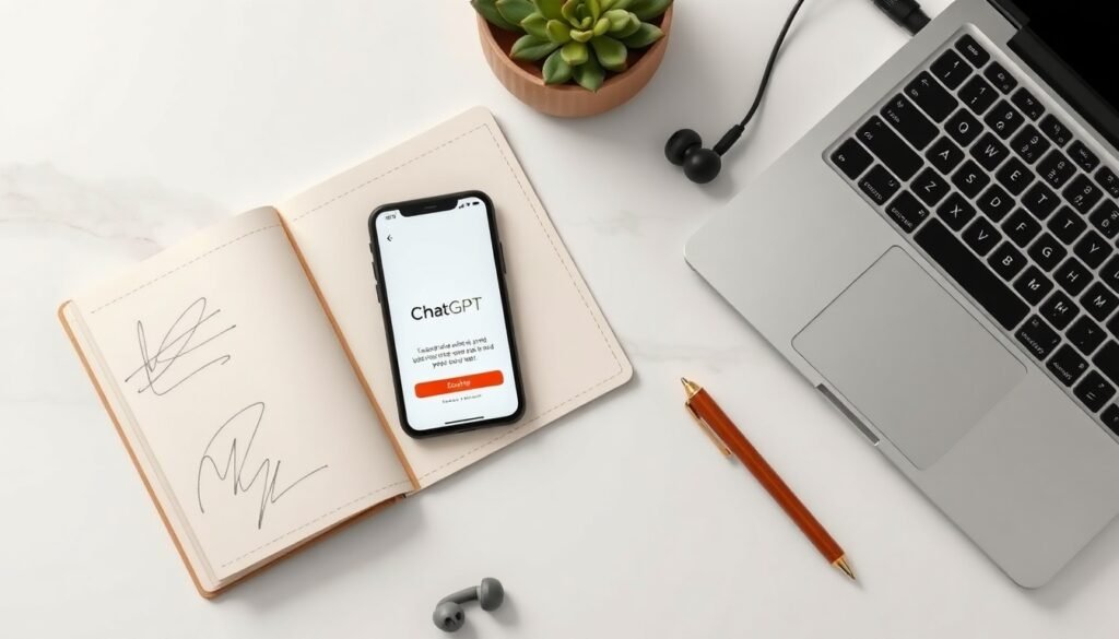 챗지피티 무료버전 - flat lay of smartphone showing ChatGPT free version interface on white desk with notebook and pen, AI technology concept