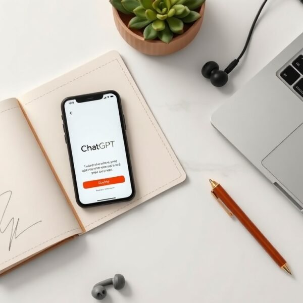 챗지피티 무료버전 - flat lay of smartphone showing ChatGPT free version interface on white desk with notebook and pen, AI technology concept
